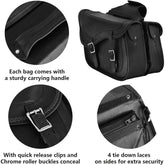 Black leather motorcycle saddle bags with quick-release clips and sturdy handles, ideal for biking and storing fitness gear.